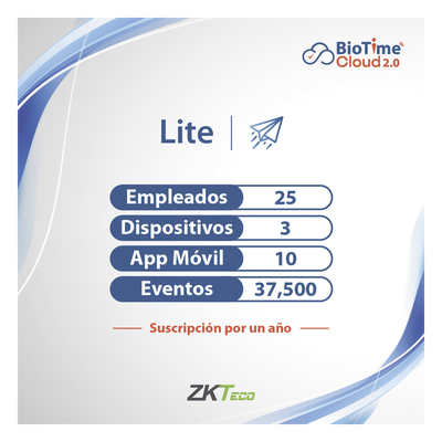 ZKT0820131 - Licencia de software en la nube / 25 usuarios / 3 dispositivos / Procesamiento AWS / Dashboard en tiempo real / Cifrado TLS 1.2