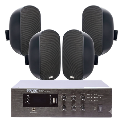SFB240/4WS50 - Kit de Sonido Ambiental / Amplificador 240W RMS / Salida 70V/100V / 4 Altavoces de Pared 5" / Bluetooth y MP3 Integrados / Taps 3W-50W