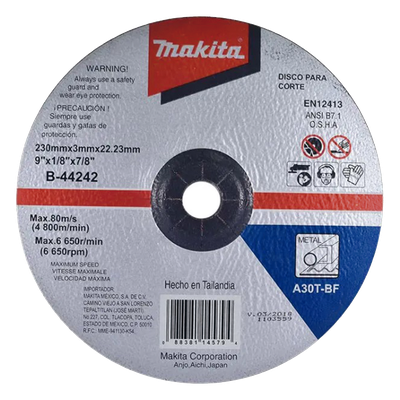 B-44242 - Disco de Corte para Metal / 9" (228.6 mm) / Espesor 1/8" (3.175 mm) / Grano de Aluminio Fundido / Eje 22.23 mm / Uso General