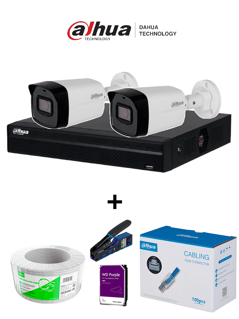 NVR Hikvision NVR1104HS-P-S3 de 4 Canales con 2 Cámaras IPC-B1E20, Disco Duro 1TB, Bobina 100m, 100 Plugs, Pinza de Corte