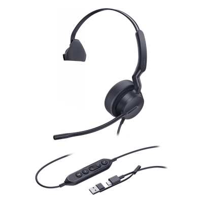 UH42-SE-MONO-USB-C/A - Auricular USB Profesional / Mono / Cancelación de Ruido AI / Altavoz 35 mm / USB-C con Adaptador USB-A / Certificación EN50332 y G616