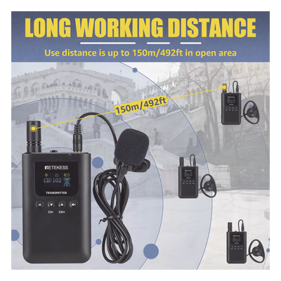 TT125 - Sistema de Guía Turístico / 2.4 GHz / 999 Canales / Alcance 150 m (492.1 ft) / 1 Transmisor y 10 Receptores / USB-C / Batería 3000 mAh