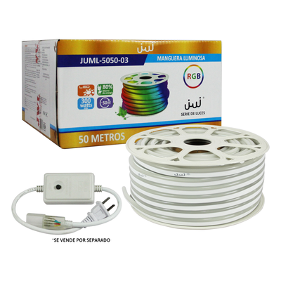 JUML-5050-03 - Manguera Luminosa LED Neón RGB / 50 Metros / IP65 Interior-Exterior / Corte Cada 100 cm / 300W Máximo / 120° Ángulo de Luz / Libre de Mercurio