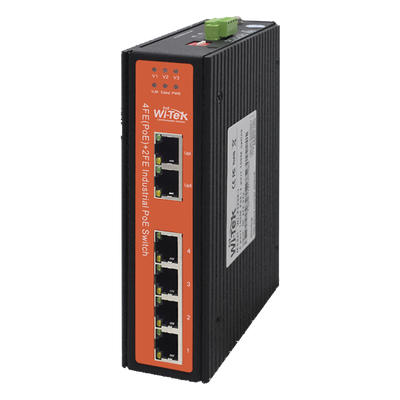 WIPS206IV2 - Switch Industrial PoE / 4 Puertos Fast Ethernet 802.3af/at / 2 Puertos Uplink Gigabit / PoE Extendido 250 m / Rango -30°C a 65°C