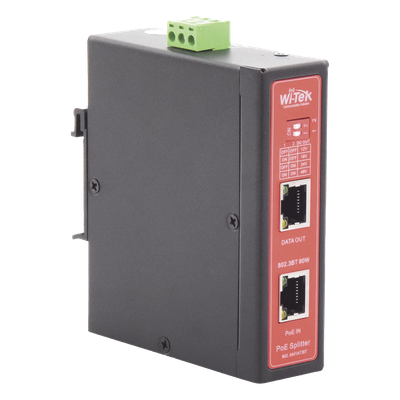 WIPOE55SBTIDC - Splitter PoE Industrial / Entrada 90 W 802.3bt / Salida DC Seleccionable 12V/16V/24V/48V / 2 Puertos Gigabit / Protección 6 kV / Riel DIN