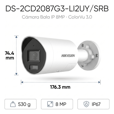 DS-2CD2087G3-LI2UY/SRB - Hikvision Cámara Bala IP / 8 Megapixel / Dual Light 40 m (131.2 ft) DS-2CD2087G3-LI2UY/SRB