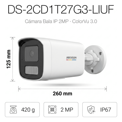 DS-2CD1T27G3-LIUF - Hikvision Cámara Bala IP / 2 Megapixel / ColorVu 3.0 DS-2CD1T27G3-LIUF