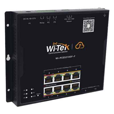 WI-PCES310GF-F - Switch PoE Industrial L2 / 8 Puertos Gigabit PoE / 2 SFP / PoE++ 90W / Presupuesto PoE 145 W / Administración Cloud / Sin Ventiladores / -40 a 75°C