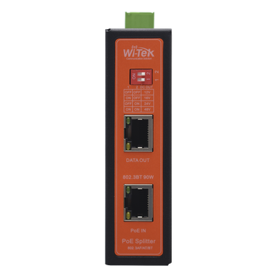 WIPOE55SBTIDC - Splitter PoE Industrial / Entrada 90 W 802.3bt / Salida DC Seleccionable 12V/16V/24V/48V / 2 Puertos Gigabit / Protección 6 kV / Riel DIN