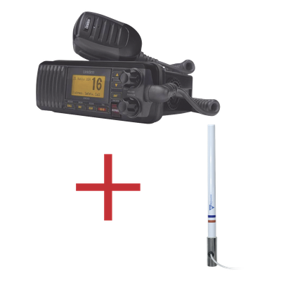 UM-385BK/KIT5101 - Kit de radio marina con antena de fibra de vidrio / 156-163 MHz / 25W / 2.4 m (7.9 ft) / Omnidireccional / IPX4