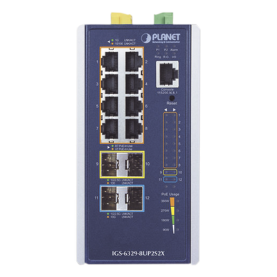 IGS-6329-8UP2S2X - PLANET IP30 DIN-rail Industrial L3 Gestionado Gigabit Ethernet (10/100/1000) Energía sobre Ethernet (PoE) Azul, Gris