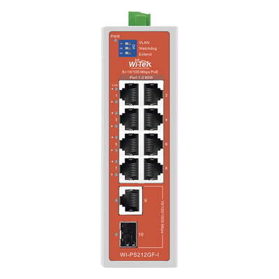WI-PS212GF-I-V2 - Switch Semi-Industrial / No administrable / 8 puertos 10/100 PoE af/at/bt / 1 puerto Gigabit RJ45 Uplink / 1 puerto SFP Uplink / Presupuesto PoE 110 Watts /