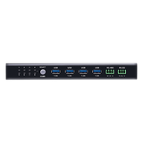 US3384I - Conmutador de Uso Compartido USB 3.2 Gen 1 Industrial | 8 Puertos para Computadoras | 4 Puertos para Dispositivos | 5 Gbps | Selección por Botón, RS-232/485 o Remoto | Power on Detection | Carcasa de Metal | Montaje en Pared