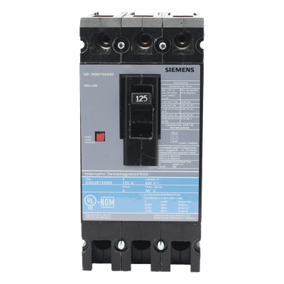 ED63B125MX - Interruptor Termomagnético ED6 600V 3X125A, Sin zapatas principales.