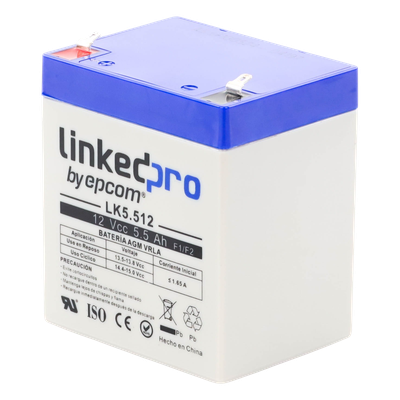LK5.512 - Bateria Epcom LK5.512 12 Vcc 5.5 Ah UL tecnologia AGM-VRLA uso en equipo electronico alarmas de intrusion incendio control de acceso video vigilancia terminales F1 incluye adaptador para terminal F2