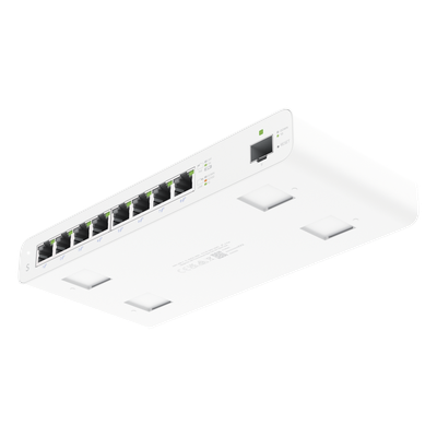 UISP-S - Switch PoE Pasivo / 8 Puertos GbE / 1 Puerto SFP / 110 W (27 V) / 30 W por Puerto / Aislamiento de Puertos / DHCP Snooping