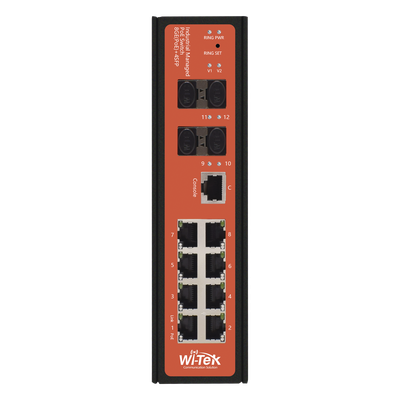 WIPMS312GFIV2 - Switch PoE Industrial Administrable / 8 Puertos Gigabit + 4 SFP / PoE Mixto 24V/48V / 802.3af/at/bt 60W / Protección 8kV / Riel DIN / -40°C a 80°C