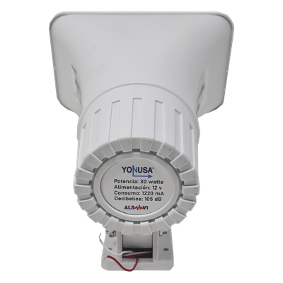 YAS-SIR - Sirena de Alertamiento Sísmico / Emisión Oficial 150 s / Alcance 25 m (82 ft) / Potencia 30 W / Compatible Módulos YASWIFI y YASMOD / Alimentación 12-14 VDC