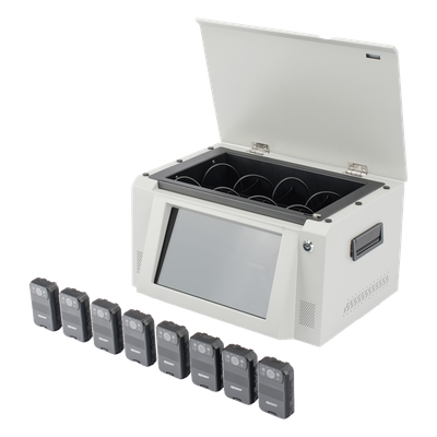 XMRA8R3KIT - Kit Estación de Descarga para Bodycam / 8 Unidades / Pantalla Táctil 12 Pulgadas / Almacenamiento 36 TB / Ethernet FTP / 4G / 4K UHD