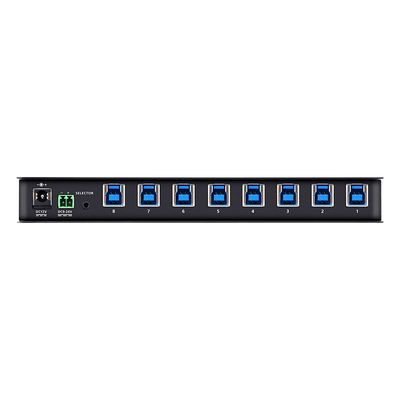US3384I - Conmutador de Uso Compartido USB 3.2 Gen 1 Industrial | 8 Puertos para Computadoras | 4 Puertos para Dispositivos | 5 Gbps | Selección por Botón, RS-232/485 o Remoto | Power on Detection | Carcasa de Metal | Montaje en Pared