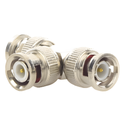 TT-RG-14 - Adaptador Coaxial Tipo T / Triple BNC Macho / 75 Ohm / RG-59 y RG-6 / Níquel y Oro / 39.9 mm de Longitud