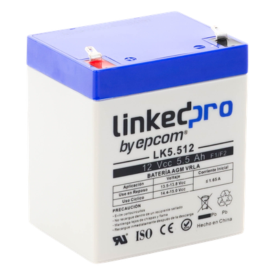 LK5.512 - Bateria Epcom LK5.512 12 Vcc 5.5 Ah UL tecnologia AGM-VRLA uso en equipo electronico alarmas de intrusion incendio control de acceso video vigilancia terminales F1 incluye adaptador para terminal F2