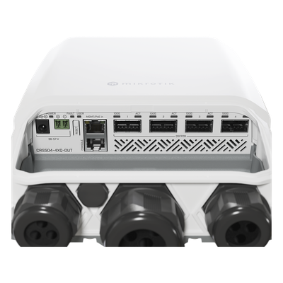 CRS504-4XQ-OUT - CRS504-4XQ-OUT, Switch exteriores CPU 650MHz, 128MB RAM, 1 Eth 10/100, 4 QSFP28 100G, CD jack y 802.3bt PoE-in, RouterOS