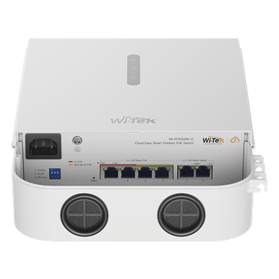 WI-PCES206-O - Switch PoE para Exterior / 4 Puertos 10/100 Mbps PoE af/at / 2 Puertos Uplink / Presupuesto 60 W / Alcance PoE 250 m (820.2 ft) / IP65 / Gestión en la Nube