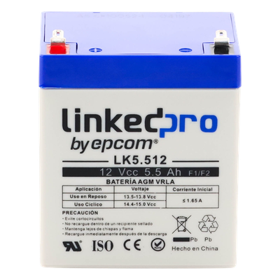 LK5.512 - Bateria Epcom LK5.512 12 Vcc 5.5 Ah UL tecnologia AGM-VRLA uso en equipo electronico alarmas de intrusion incendio control de acceso video vigilancia terminales F1 incluye adaptador para terminal F2
