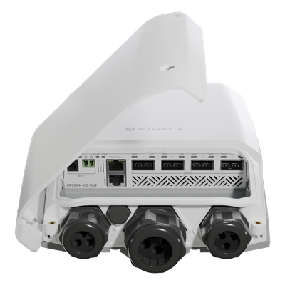 CRS504-4XQ-OUT - CRS504-4XQ-OUT, Switch exteriores CPU 650MHz, 128MB RAM, 1 Eth 10/100, 4 QSFP28 100G, CD jack y 802.3bt PoE-in, RouterOS