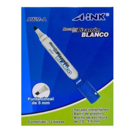 Marcador A-Ink Pizarrón Blanco Punta Cincel 5Mm Color Azul C/12 Pzas - Awm-A FullOffice.com