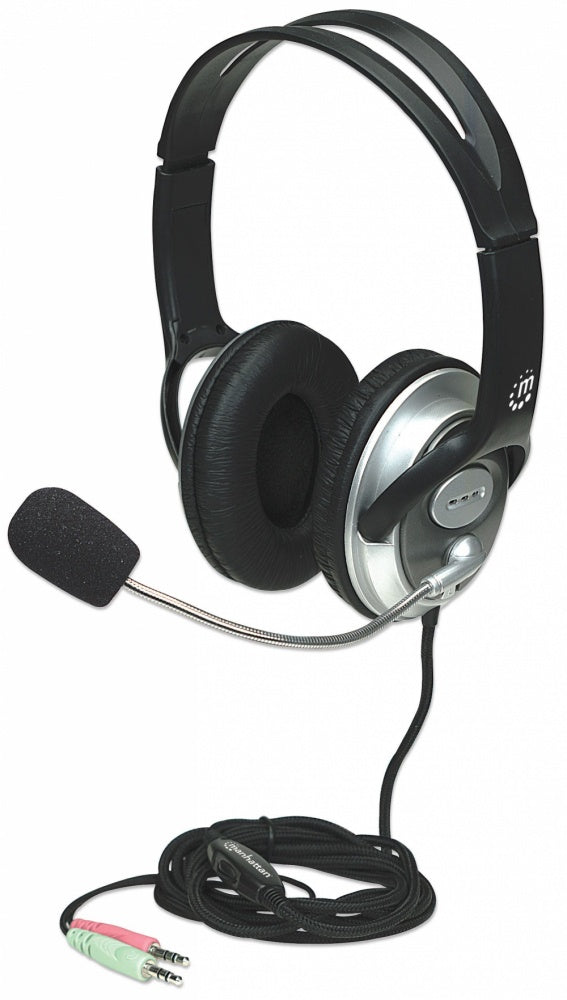Audífonos Manhattan Estéreo Clásicos Micrófono Extensión Metálica Flexible Color Negro-Plata - 175555 FullOffice.com