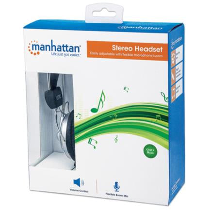 Audífonos Manhattan Estéreo Micrófono Extensión Metálica Flexible Color Negro-Plata - 175517 FullOffice.com